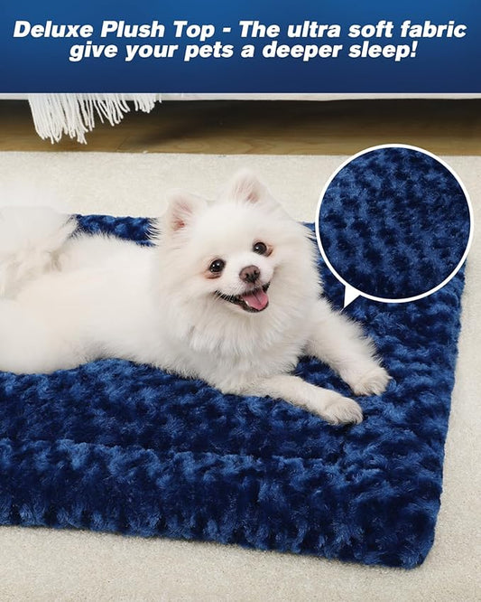 Washable Dog Bed Mat Reversible Dog Crate Pad Soft Fluffy Pet Kennel Beds Dog Sleeping Mattress for Large Jumbo Medium Small Dogs, 35 x 22 Inch, Blue