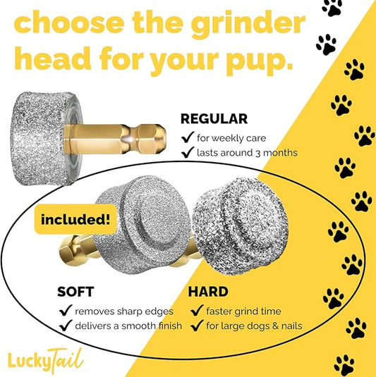 LuckyTail - Dog Nail Grinder - Hard & Soft Replacement Heads - Small & Large Dogs - Premium Quality - Diamond Tip Drill Bit - Professional Dog Nail Trimmers - Grooming Tool kit - 2 Pack