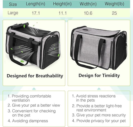 YUDODO 25 lbs Lightproof Pet Carriers Airline Approved Dog Cat Travel Soft Sided Carrier Reflective Mesh Safe Pet Cat Carrier Foldable Portable Small Animal Rabbit Puppy Cat Carrier Grey