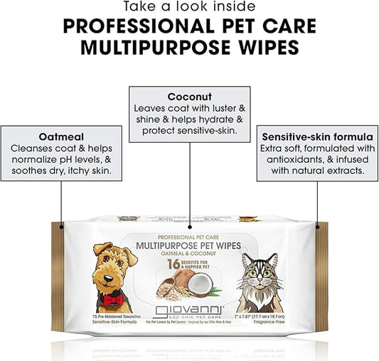 GIOVANNI Multipurpose Pet Wipes, Pack of 75 – Oatmeal & Coconut Helps Neutralizes Odors (Pack of 2)