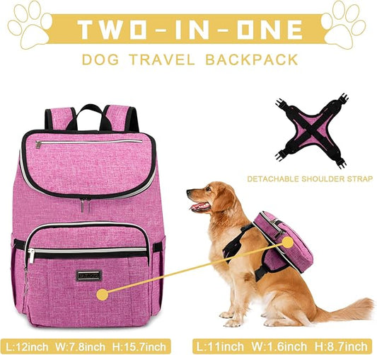BAGLHER Travel Dog Backpack - Detachable Travel Dog Food Container for Pet Supplies Dog Gear Backpack,Dog Bag for Traveling with 2 Silicone Collapsible Bowls and 2 Food Baskets Pink