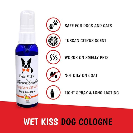 Warren London - Wet Kiss Dog Cologne, Long Lasting Dog Spray, Dog Deodorant to Remove Odor from Stinky Dogs, Tuscan Citrus, 2 Ounce Bottle