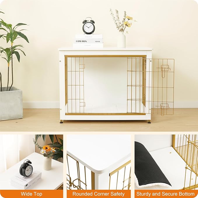 DWANTON Dog Crate Furniture with Cushion, Wooden Dog Crate Table, Double Doors Dog Furniture, Indoor Dog Kennel, Dog House, Dog Cage Medium, 32.5" L, White