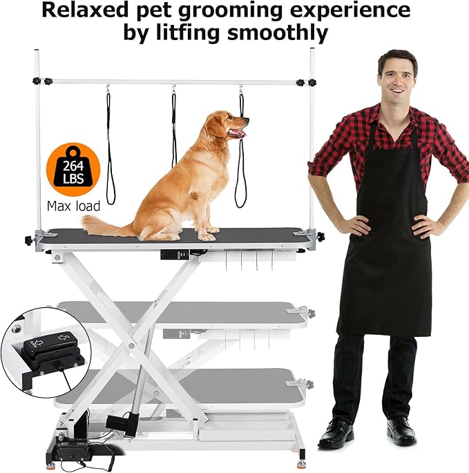 47โ Electric Lift Dog Grooming Table (White), Heavy Duty Electric Grooming Arm Table for Pets & Large Dogs Adjustable Height: 9.4"-39.4" Non-slip Desktop with Gantry Crane Set, Fixture *4 Noose*2