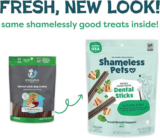 Shameless Pets Dental Treats for Dogs, A Cluck A Day - Healthy Dental Sticks with Digestive Support for Teeth Cleaning & Fresh Breath - Chews Free from Grain, Corn & Soy
