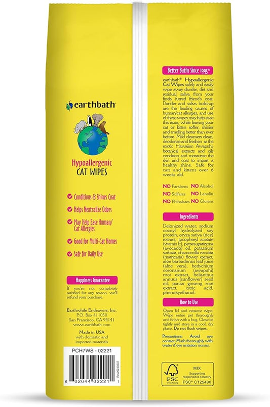 earthbath Hypo-Allergenic Grooming Wipes - Fragrance Free Aloe Vera, Vitamin E, Gentle on Sensitive Skin, Good for Dogs & Cats - Handily Clean Your Pets' Dirty Paws & Undercoat - 100 Count, Pack of 1