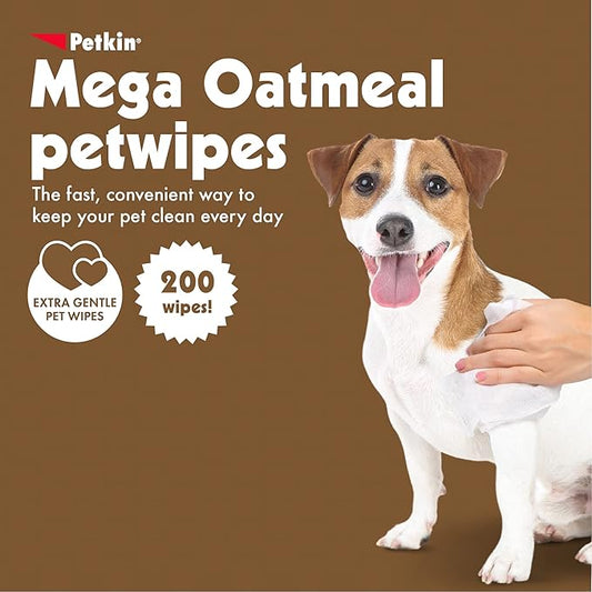Petkin Mega PetWipes, 200 Wipes - Oatmeal Pet Wipes for Dogs and Cats, Use on Face, Paws, Ears, Body and Eye Area - Ideal for Home or Travel