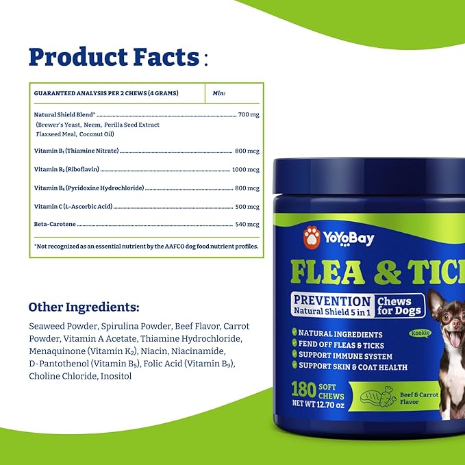 Flea & Tick Prevention for Dogs Chewables, YoYoBay Natural Dog Fleas and Ticks Control Supplement, Dogs Supplement, Natural Shield 5-in-1 Protection, Beef & Carrot Flavor, 180 Soft Chews *2 Pack