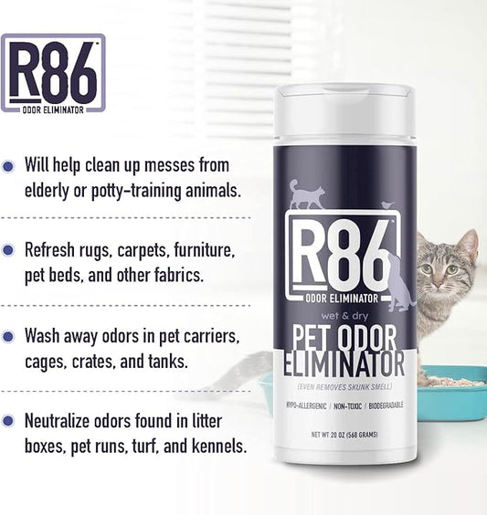 R86 Pet Odor Eliminator, Removes Odor from Litter Boxes, Carpet, and Hard Surfaces, Even Removes Skunk Smell from Cats & Dogs, Plant Based Formula, Use Wet or Dry, Hypoallergenic & Biodegradable