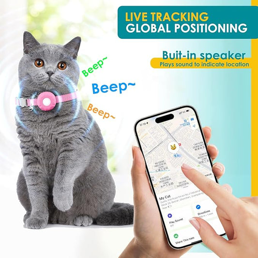 Cat GPS Tracker, Waterproof Pet Tracker for Cats, Cat GPS Tracker Collar with Safety Elastic Buckle, Works with Any Collar,Compatible with Apple Find My App (Only iOS), No Monthly Fee, Pink