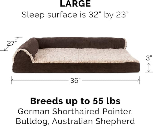 Furhaven Orthopedic Dog Bed for Large/Medium Dogs w/ Removable Bolsters & Washable Cover, For Dogs Up to 55 lbs - Two-Tone Plush Faux Fur & Suede L Shaped Chaise - Espresso, Large