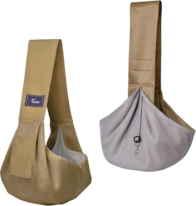 CUBY Dog and Cat Sling Carrier, Hands Free Reversible Pet Papoose Bag, Soft Pouch Adjustable, Suitable for Puppy Cats for Outdoor Travel (Khaki Mesh, one Size mesh)