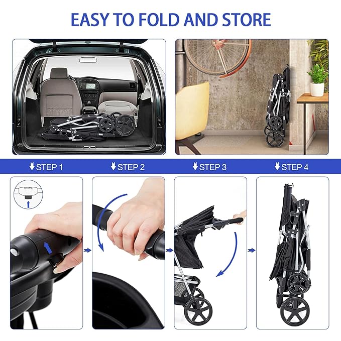 Pet Stroller for Medium Small Dogs and Cats, Folding Puppy Stroller Dog Cat Cage Jogger Stroller with Cup Holder and Storage Basket, 4 Wheels, Black