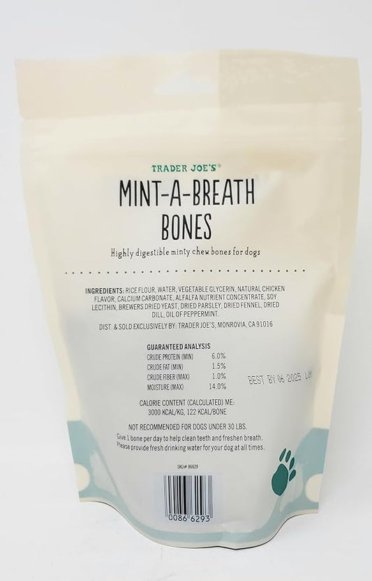 Trader Joe's Mint-A-Breath Minty Bones (6 Bones) for Dogs Net Wt. 7.86 Oz (223g) - Pack of 1