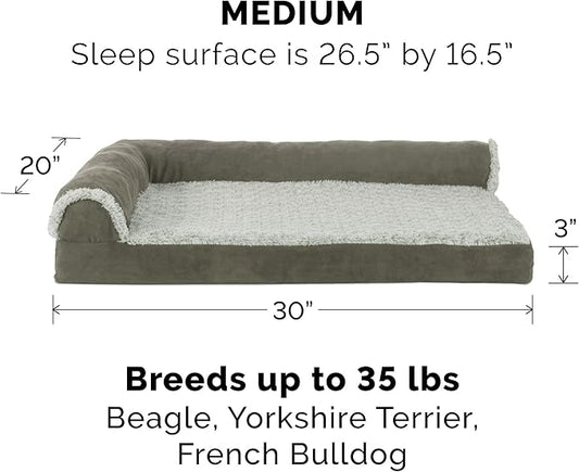 Furhaven Cooling Gel Dog Bed for Medium/Small Dogs w/ Removable Bolsters & Washable Cover, For Dogs Up to 35 lbs - Two-Tone Plush Faux Fur & Suede L Shaped Chaise - Dark Sage, Medium