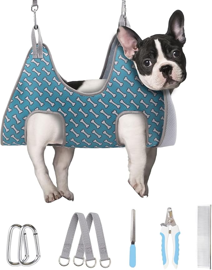 Supet Dog Grooming Hammock for Small Dogs Cat, Relaxation Pet Grooming Hammock Restraint for Nail Trimming (Coral Blue, S( Legs Spacing:7-10.2" / Max W:15-35LBS))