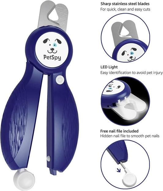 Newest Dog Nail Clippers with LED Guide Light, Professional Claw Care Pet Nail Clipper & Trimmer with Nail File, Razor Sharp Blades, Home Grooming Tool Kit for Animals (Dark Blue)