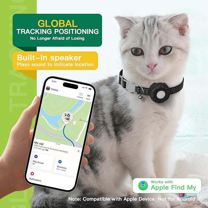 Cat GPS Tracker, Waterproof Pet Tracker for Cats, Cat Tracker Collar with Safety Elastic Buckle, Works with Any Collar,Compatible with Apple Find My App (Only iOS), No Monthly Fee, Black