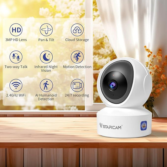 VSTARCAM 3MP Pet Camera Indoor with Phone App, 360° Indoor Security Camera with Color Night Vision, Motion Detection & 2-Way Audio, 24/7 SD & Cloud Storage,2.4GHz WiFi, in Plug