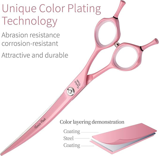 Fenice Peak Curved Dog Grooming Scissors with Pink Color Coating 440C Stainless Steel Pet Grooming Bending Shears Sharp and Durable Comfortable Engonomic Handle