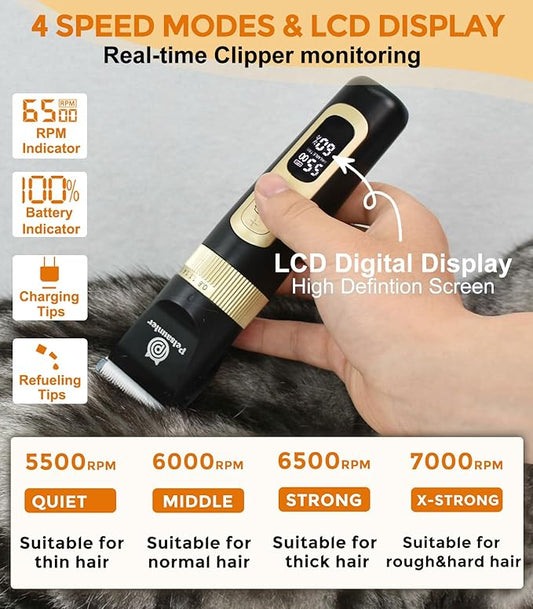 Dog Clippers for Grooming, 4-Speed & LCD, Low Noise Electric Trimmer for Grooming, Cordless Rechargeable Dog Hair Clippers, Super Quiet for Pets with Thick or Heavy Coats(C95)