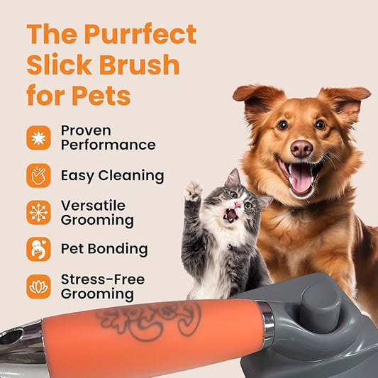 GoPets Self-Cleaning Slicker Brush for Dogs & Cats, Dematting Comb, Dog Brush for Shedding, Gentle Detangling, Suitable for Short & Long Hair, Comfortable Silicone Grip - Orange & Grey