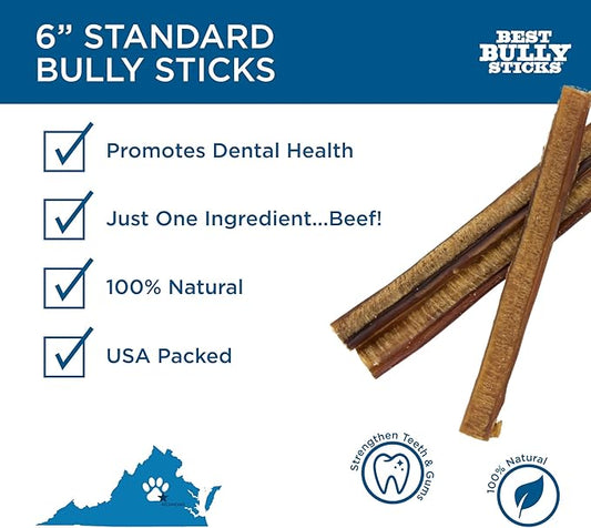 Best Bully Sticks 6 Inch All-Natural Bully Sticks for Dogs - 6” Easily Digestible, 100% Grass-Fed Beef, Grain and Rawhide Free | 25 Pack