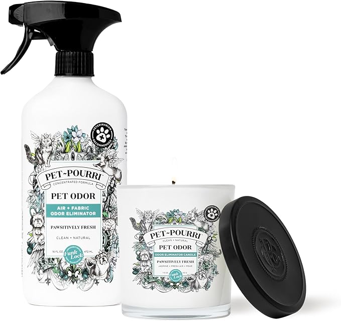 Pet-Pourri Pawsitively Fresh Pet Odor Bundle - 16 Fl Oz Air and Fabric Freshener Spray and 7.5 Oz Candle – Jasmine, Fresh Air and Pear