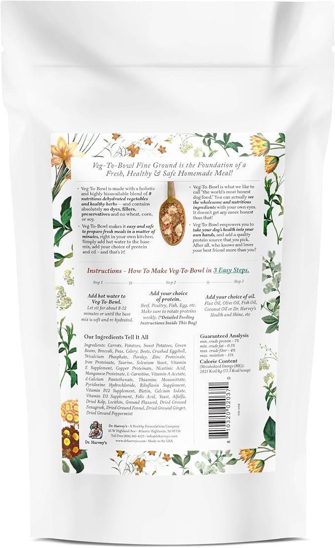 Dr. Harvey's Veg-to-Bowl Fine Ground Dog Food, Human Grade Dehydrated Base Mix for Dogs, Grain Free Holistic Mix for Small Dogs Trial Size (6.5 oz)