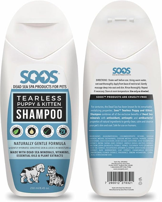Soos Pet Shampoo Natural Dead Sea Tear-Less Fast Absorbing with Vitamins Minerals for Puppy and Kitten - 1x (250ml / 8.45 oz)