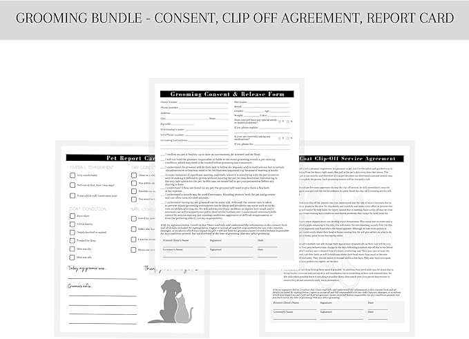 Pet Grooming Intake Forms, Consent & Release, Matted Coat Clip-Off Agreement, Pet Report Card | 50 pk, 25 of each, dbl sided | 8.5x11” Groomer Signature Client Grooming Tips Black and White Minimalist