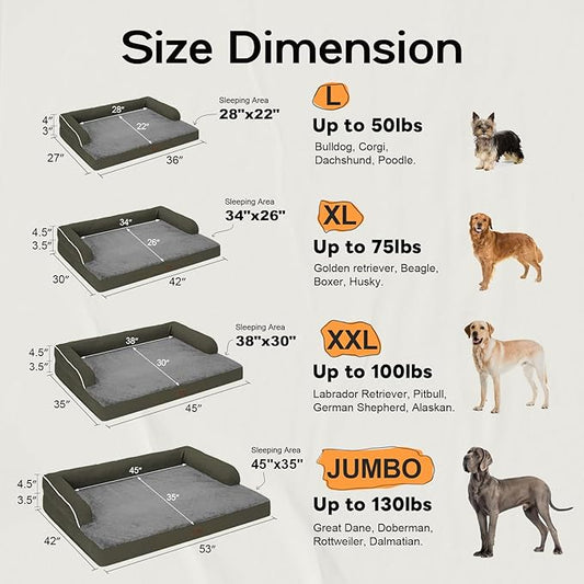 Large Dog Bed Orthopedic Washable - XXL Large Big Dogs - Waterproof with Removable Cover - Memory Foam - Beds Bolster Pet - Dog Couch Sofa Bed - Dark Green Dog Bed