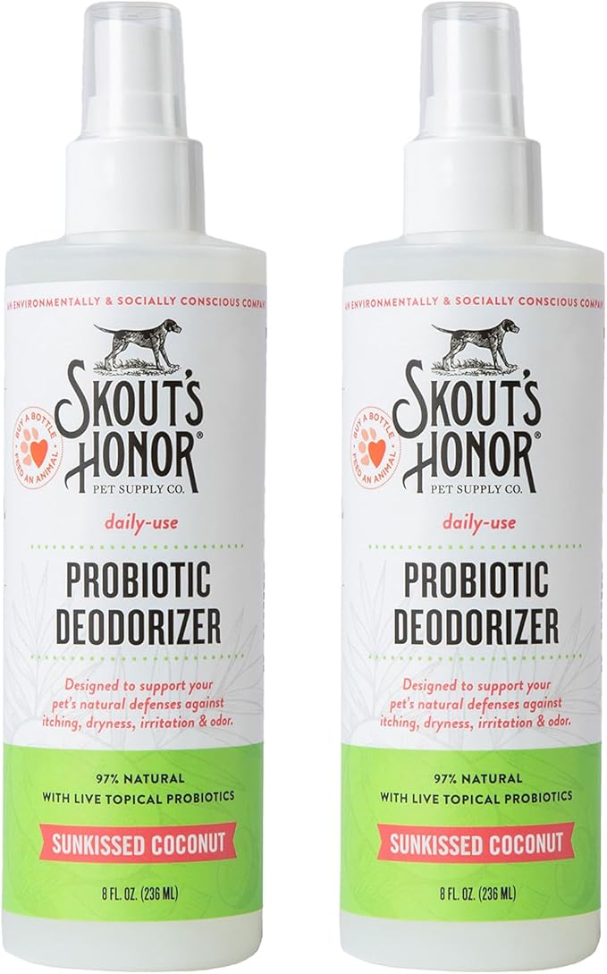 SKOUT'S HONOR Pet Deodorizer Spray- Hydrating Daily-Use with Avocado Oil & Omega-3s, Paraben & Sulfate-Free, 97% Natural, 8oz, Sunkissed Coconut, 2-Pack