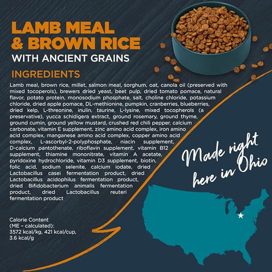 Blackwood Sensitive Skin & Stomach Dry Dog Food, Lamb Meal & Brown Rice with Ancient Grains, 24 Pound Bag with Prebiotics & Probiotics to Promote Gut Health