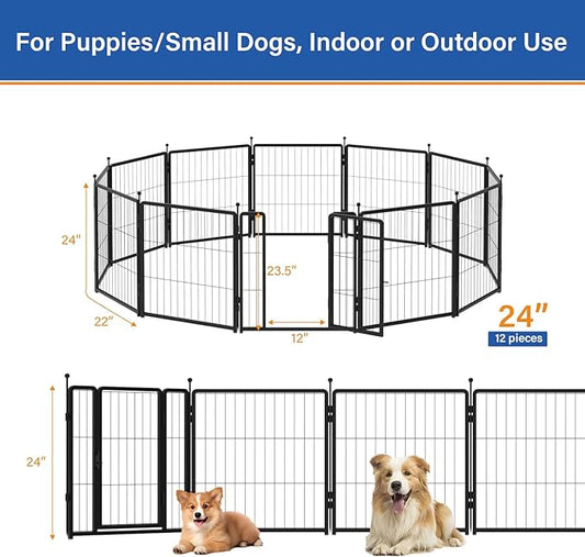 Dog Playpen for Indoor & Outdoor Use – Heavy-Duty Metal Pet Fence with Ground Stakes, Rounded Ball Tops for Safety, Stable & Foldable Design, Easy to Assemble 24 inch 12 Panels
