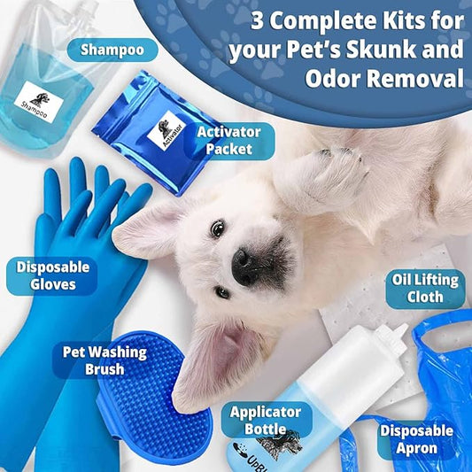UpBloom - Benny's Best Pet Skunk and Odor Eliminator Shampoo Deodorizer Kit Buddy - Dog, Cat and Pet Skunk Shampoo and Accessories - Bathing Supplies and Odor Remover Products for Smelly Dogs and Cats