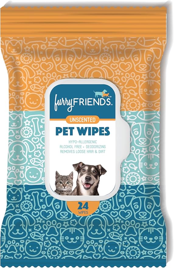 FurryFriends Pet Wipes | Unscented | Hypo-allergenic | Alcohol Free| Deodorizing | Removes Loose Hair & Dirt | Incredibly Clean | 8 Pack
