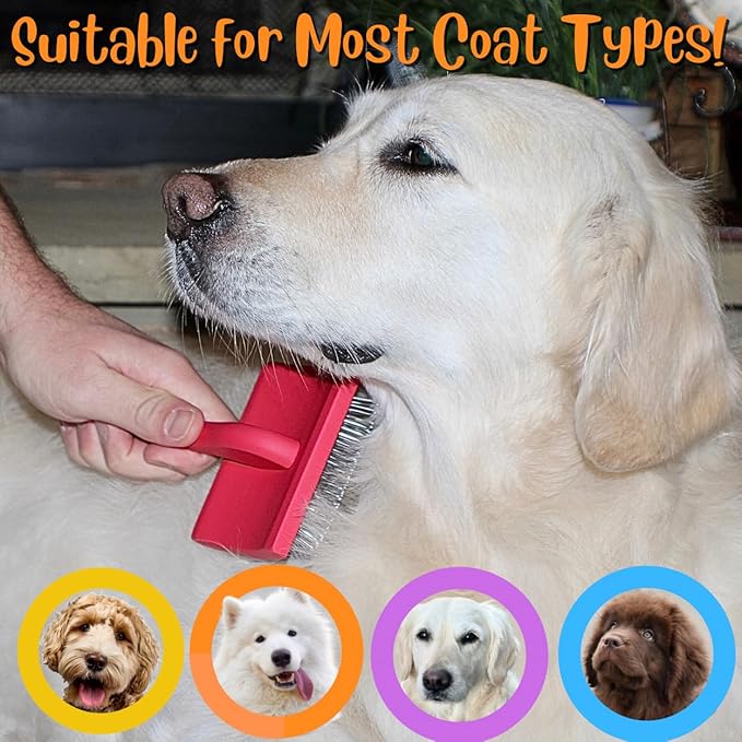 Pro-Slicker Brush Grooming Tool for Pets: Large Red Brush, Soft Cushion Bed of Dull Pins, Gentle but Effective. Easily and Painlessly Remove Thick Undercoat. Reduce Brushing Sessions, Groom like a Pro