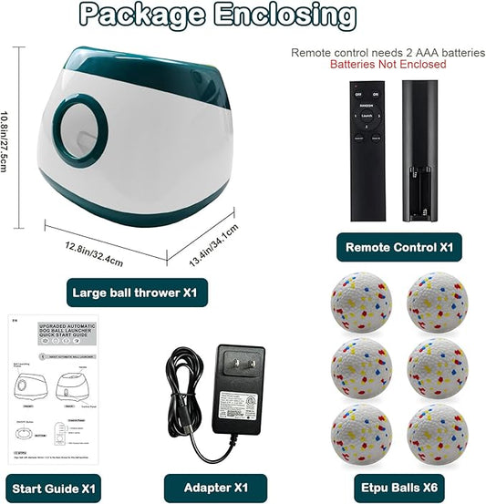 Automatic Dog Ball Launcher, Upgraded Interactive Dog Balls Thrower with 3 Distance 29Ft-79Ft, Remote Control Ball Launcher for Medium&Large Dogs, 6 Etpu Balls Included (Dark Green)