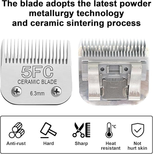 Detachable Pet Dog Clipper Blades, Compatible with Size-5FC(6.3mm), Most Oster A5, KM Series Clippers,Made of Ceramic Blade & Stainless Steel Blade 2Pack