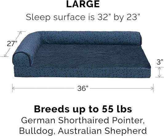 Furhaven Memory Foam Dog Bed for Large/Medium Dogs w/ Removable Bolsters & Washable Cover, For Dogs Up to 55 lbs - Plush & Almond Print L Shaped Chaise - Blue Almonds, Large