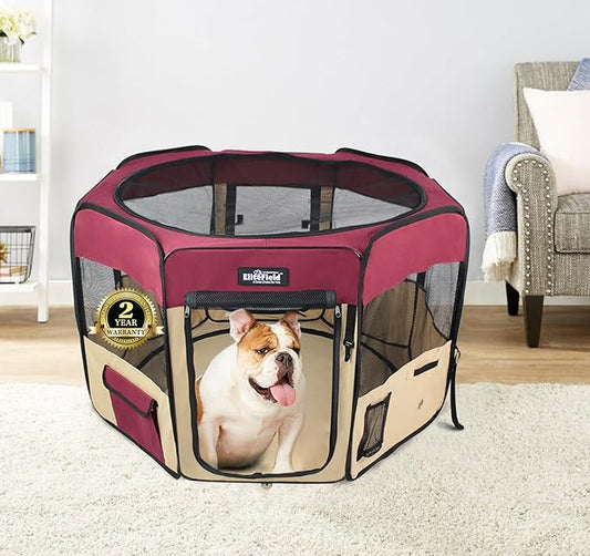 EliteField 2-Door Soft Pet Playpen (2 Year Warranty), Exercise Pen, Multiple Sizes and Colors Available for Dogs, Cats and Other Pets (36" x 36" x 24"H, Maroon+Beige)
