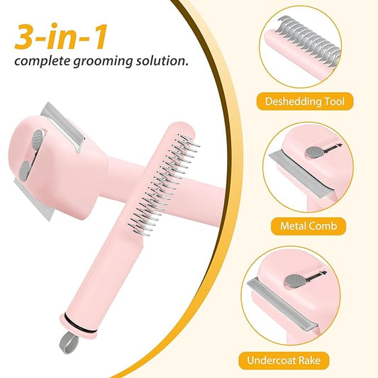 L&W BROS. 3-in-1 Cat Grooming Brush Set | Comb, Undercoat Rake, Double Sided Deshedding Tool for Long & Short Hair Dog Brush for Shedding Cat Hair Remover for All Breeds (Pink)