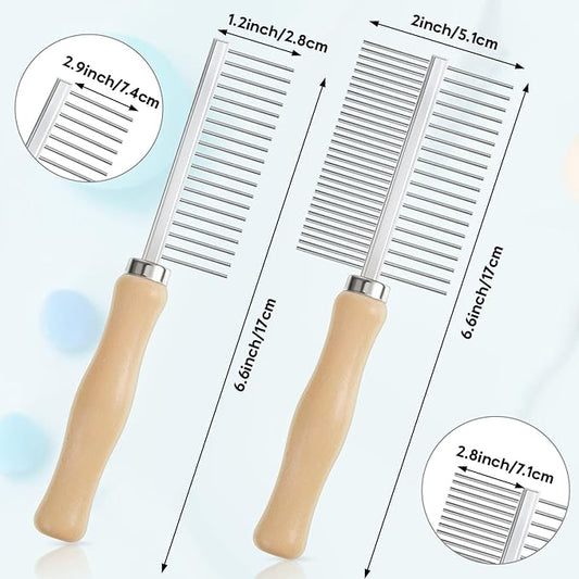 Tessco for you 2 Pcs Dog Metal Combs Cat Wooden Handle Grooming Combs Stainless Steel Hairbrush Double Side Metal for Pet Dog Grooming Brush Pet Cat Flea Hairbrush for Long Short Hair Fur Brush Tool