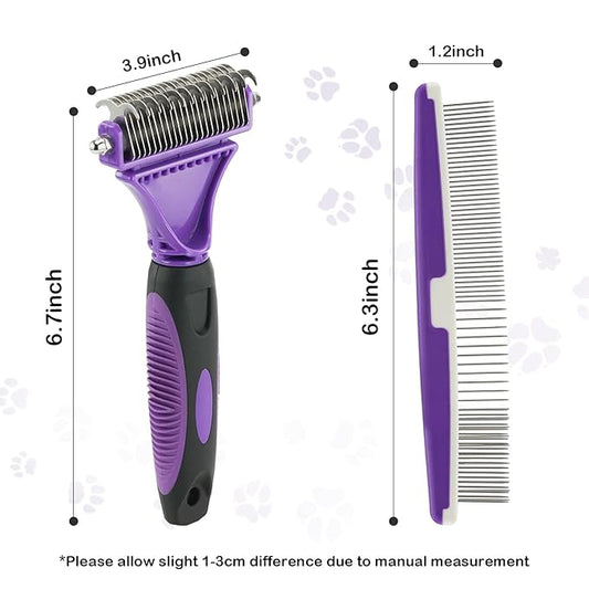 Pet Dematting Tool 2 Pack - Double Sided Undercoat Rake & Dematting Comb for Detangling Matted or Knotted Undercoat Hair, Great for Medium or Long-haired Dogs & Cats