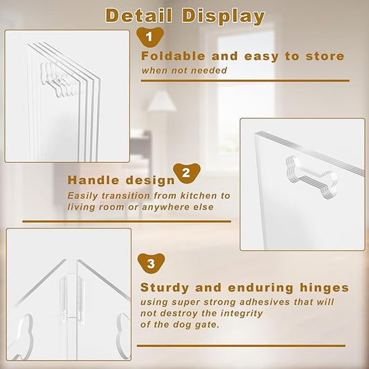 Clear Acrylic Dog Gate, 3 Panel 60" W x 24" H, Transparent Freestanding Pet Playpen Indoor, Foldable Pet Fence Barrier for Doorway with Handle/Support Feet
