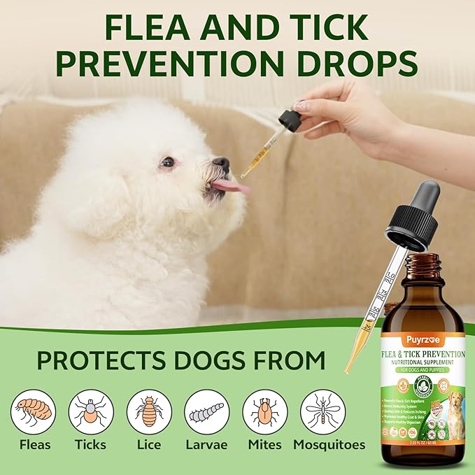 Natural Flea and Tick Prevention for Dogs, 60ML Herbal Formula with Multivitamins, Pumpkin Seed, Flea and Tick Treatment Supplement Drops for Dogs & Puppies - Supports Immunity, Skin & Coat Support