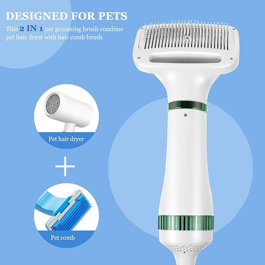 2 in 1 Dog Hair Dryer Comb Pet Hair Dryer with Slicker, Professional Home Grooming Dryer Brush Furry Drying Blower for Small Large Cat Dog White, 3 Temperature Settings