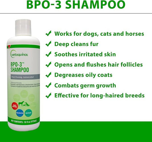 Vetoquinol BPO-3 Shampoo for Dogs, Cats & Horses (3% Benzoyl Peroxide) – 16oz – Deep Cleaning, Medicated Shampoo Opens & Flushes Hair Follicles – Degreases Oily Coats – Soothes Red, Flaky, Itchy Skin