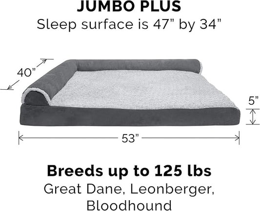 Furhaven Orthopedic Dog Bed for Large Dogs w/ Removable Bolsters & Washable Cover, For Dogs Up to 125 lbs - Two-Tone Plush Faux Fur & Suede L Shaped Chaise - Stone Gray, Jumbo Plus/XXL